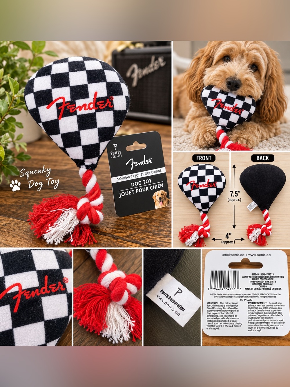 Fender Checkered Squeaky Rope Dog Toy Black White Red NWT